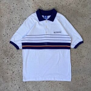 Vintage Champion University of Michigan White Striped Polo Shirt College Size L